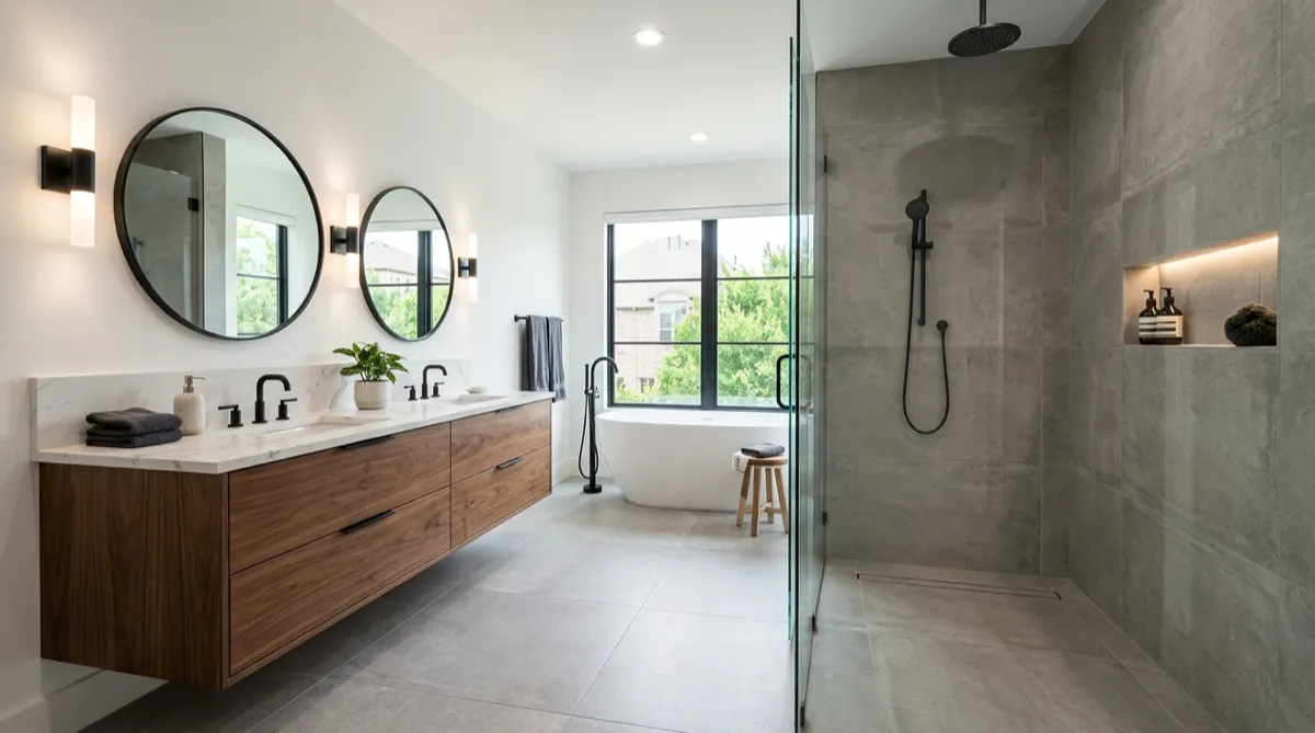 Finished Plano master bath remodel by OnPoint Pros: walk-in shower, freestanding tub, walnut vanity, matte black fixtures