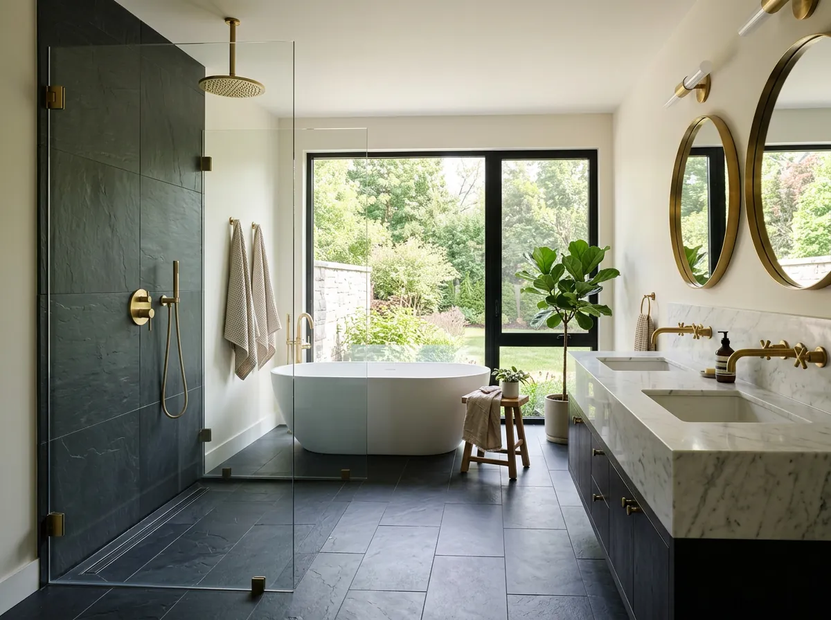 Finished spa-style bathroom remodel with walk-in shower by OnPoint Pros