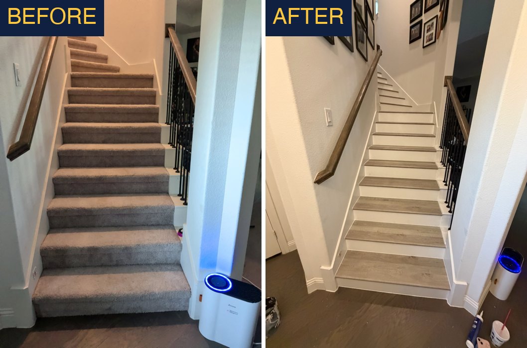 Before and after: carpeted stairs converted to luxury vinyl plank treads in a North DFW home