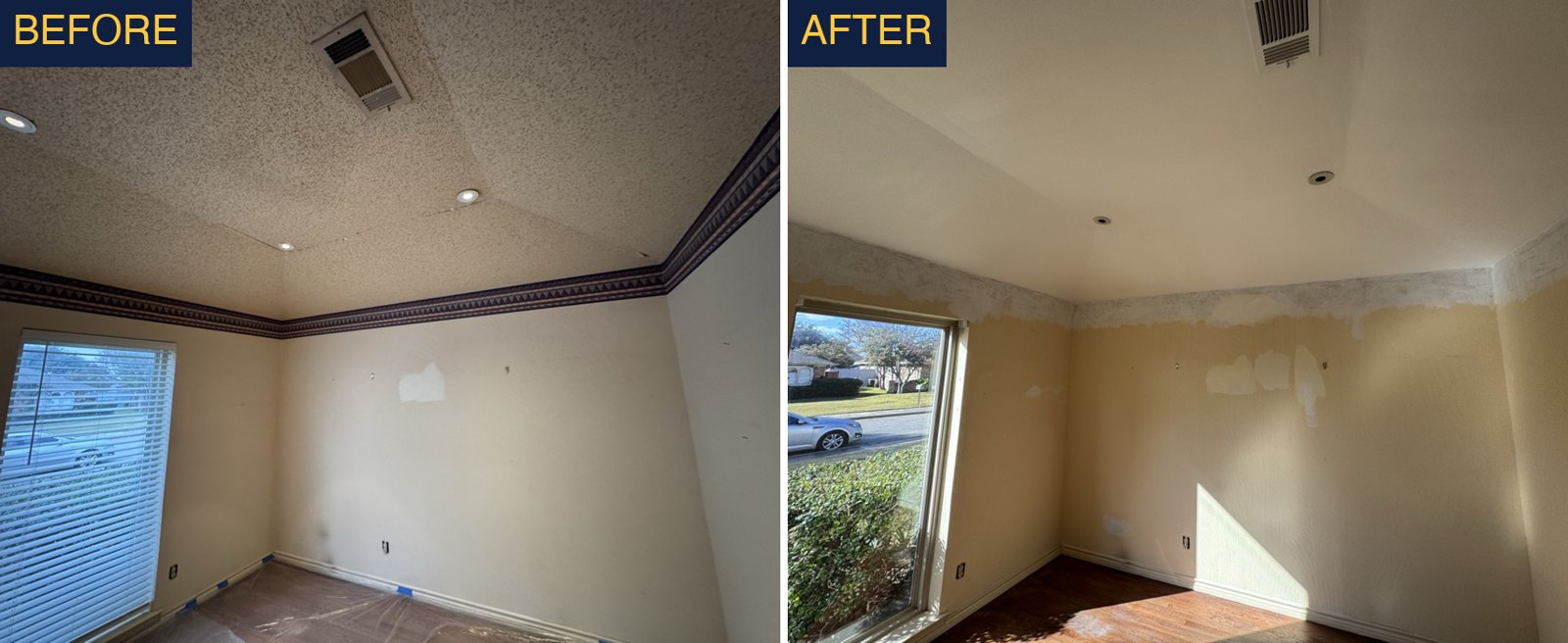 Before and after: popcorn ceiling scraped, repaired, retextured and repainted in a North DFW home