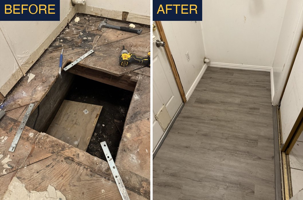 Before and after: rotted subfloor cut out and rebuilt, then finished with waterproof flooring